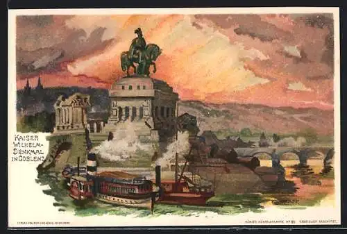 Künstler-Lithographie C. Pfaff: Coblenz, Kaiser Wilhelm-Denkmal