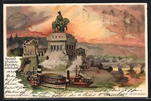 Künstler-Lithographie C. Pfaff: Coblenz, Kaiser Wilhelm-Denkmal