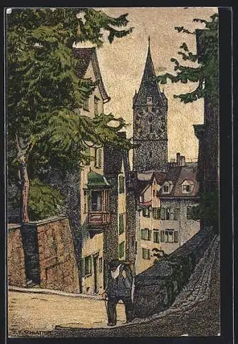 Künstler-AK Zürich, Pfalzgasse mit St. Peter