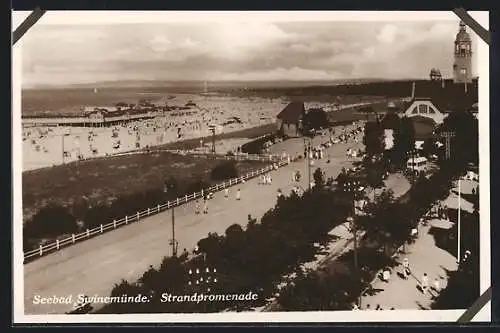 AK Swinemünde, Strandpromenade mit Blick auf Strandpartie und Meer aus der Vogelschau