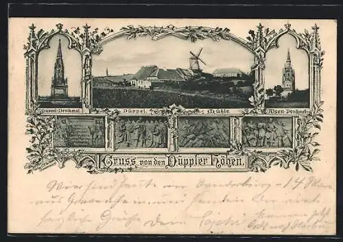 AK Düppel, Ortspartie mit Windmühle, Alsen-Denkmal auf den Düppeler Höhen, Düppel-Denkmal