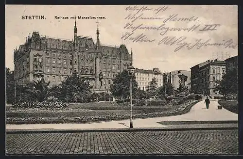 AK Stettin, Rathaus mit Manzelbrunnen
