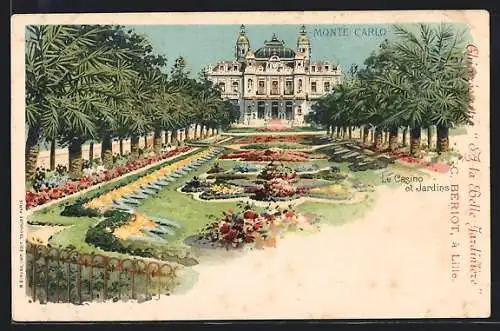 Lithographie Monte Carlo, Le Casino et Jardins