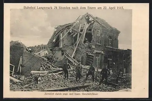 AK Langemark, Blick zum zerstörten Bahnhof 1915