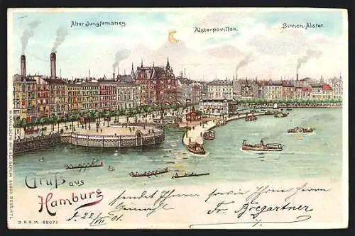Lithographie Hamburg, Alter Jungfernsteig m. Alsterpavillon, Binnen-Alster, mit leuchtendem Mond, Halt gegen das Licht