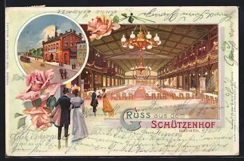 Lithographie Bremen / Stadt, Gasthaus Schützenhof, Saalansicht