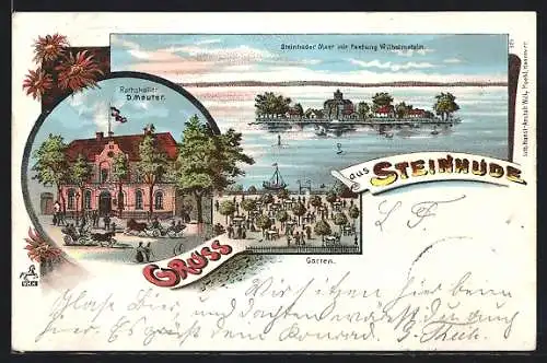 Lithographie Steinhude, Gasthaus Ratskeller mit Garten, Steinhuder Meer mit Festung Wilhelmstein