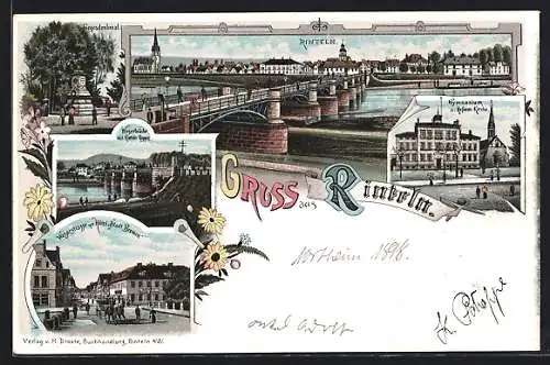 Lithographie Rinteln, Weserstrasse mit Hotel Stadt Bremen, Weserbrücke mit Rinteler Klippen, Ortsansicht mit Brücke