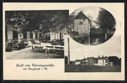 AK Borghorst i. W., Gasthaus Nünningsmühle, Ortsansicht mit Fabrikschlot