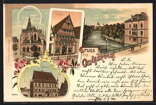 Lithographie Osnabrück, Gasthaus Walhalla, Marienkirche, Ortspartie mit Hasebrücke