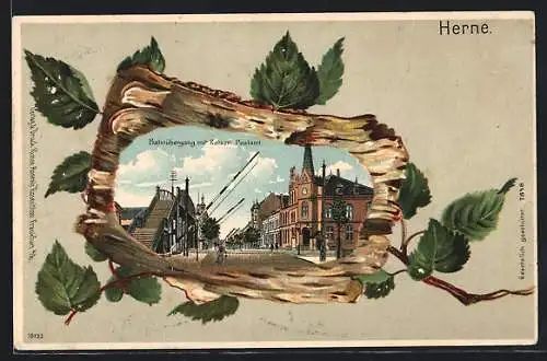Passepartout-Lithographie Herne, Bahnübergang mit Kaiserl. Postamt im Birken-Passepartout