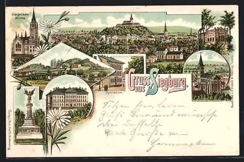 Lithographie Siegburg, Kriegerdenkmal, Schützen-Burg, Gymnasium, Ortsansicht