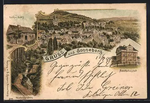 Lithographie Sonneberg / Thür., Ortsansicht, Lutherhaus, Naturheilanstalt