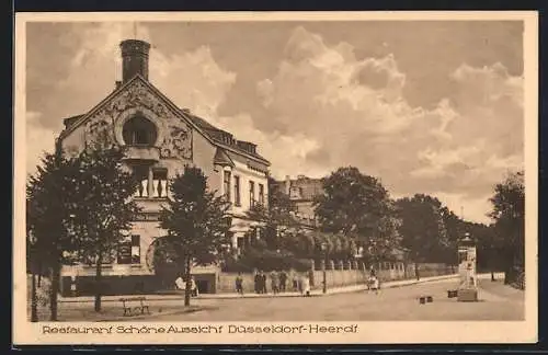 AK Düsseldorf-Heerdt, Restaurant Schöne Aussicht C. Rohde mit Strasse