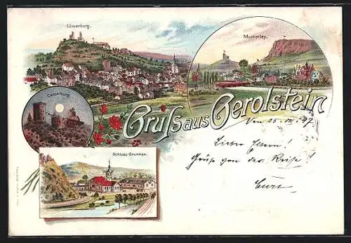 Lithographie Gerolstein, Casselburg bei Vollmond, Munterley, Gesamtansicht mit Löwenburg