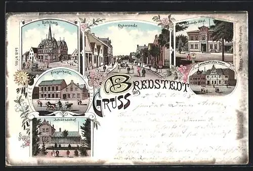 Lithographie Bredstedt, Bahnhofs-Hotel, Schützenhof, Friesenhalle