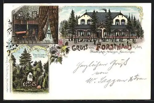 Lithographie Neumünster, Gasthaus Forsthaus, Moltke Ecke, Geerdis Denkmal