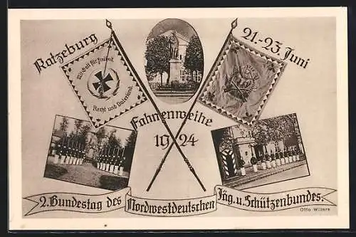 AK Ratzeburg, Festpostkarte Fahnenweihe 1924-2. Bundestag des Nordwestdeutschen Jäger- und Schützenbundes, Denkmal