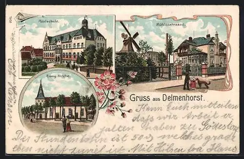 Lithographie Delmenhorst, Mühlenstrasse mit Windmühle, Realschule