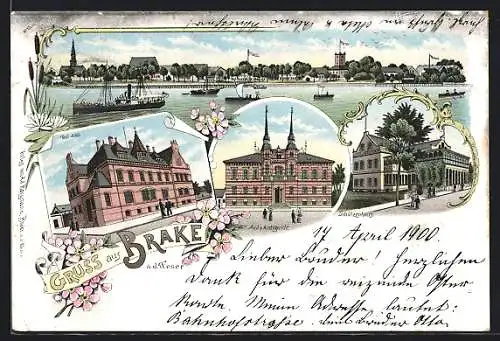 Lithographie Brake / Weser, Schützenhaus, Post-Amt, Flusspartie