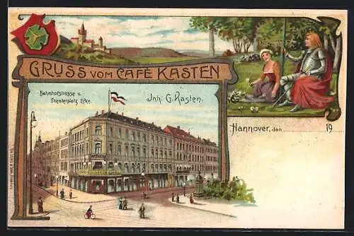 Lithographie Hannover, Cafe Kasten Ecke Bahnhofstrasse und Theaterplatz, Ritter und Frau