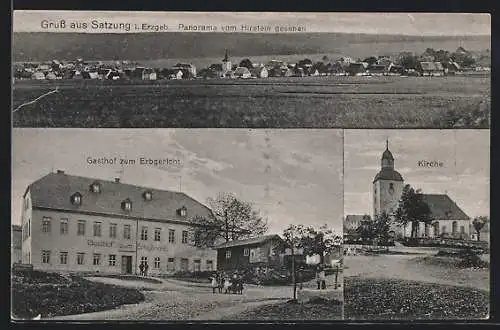 AK Satzung, Gasthof zum Erbgericht, Kirche, Panorama vom Hirstein