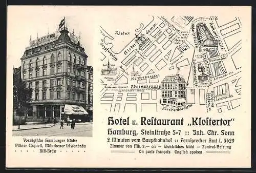 AK Hamburg-St.Georg, Hotel und Restaurant Klostertor, Steinstrasse 5-7, Stadtplan mit Altmann-Strasse und Badeanstalt