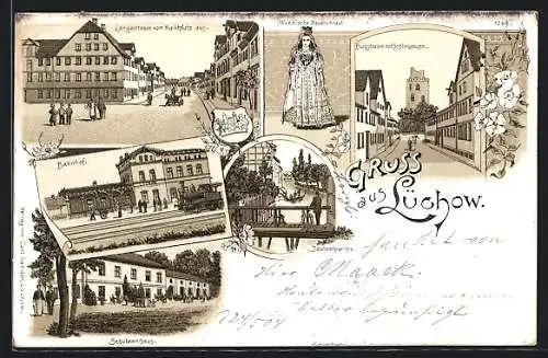 Lithographie Lüchow / Dannenberg, Gasthof Schützenhaus, Burgstrasse mit Schlossruine, Bahnhof