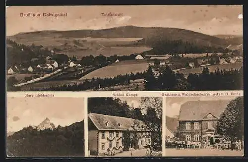 AK Dalwigksthal, Totale des Ortes, Burg Lichtenfels, Schloss Kampf, Gasthaus z. Waldeckschen Schweiz, Bes. H. Emde