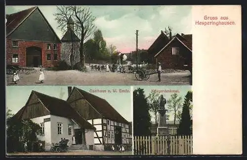 AK Hesperinghausen, Gasthaus W. Emde, Ortspartie mit Kirche und Scheune, Kriegerdenkmal