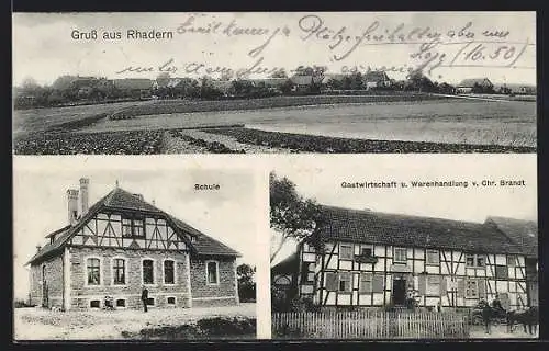 Passepartout-AK Rhadern, Gasthaus und Handlung Chr. Brandt, Schule, Panorama des Ortes