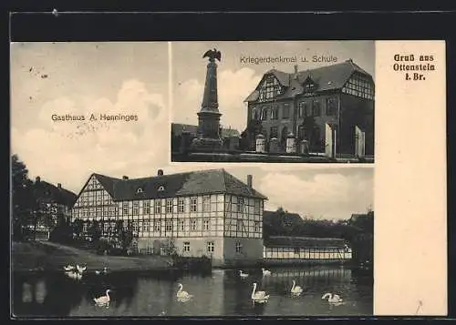 AK Ottenstein / Weser, Gasthaus A. Henninges, Kriegerdenkmal und Schule