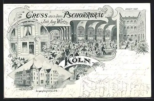 Lithographie Köln, Gasthaus Pschorrbräu, Burghöfchen Ecke Hohe Strasse