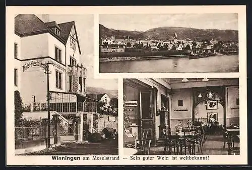 AK Winningen /Mosel, Hotel-Restaurant Moselschlösschen, Ortsansicht mit Mosel