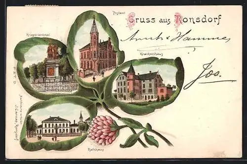 Passepartout-Lithographie Ronsdorf, Krankenhaus, Post, Kirche und Kriegerdenkmal im Kleeblatt