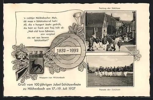 AK Hilchenbach, 100jähriges Jubel-Schützenfest 1937, Festzug und Parade der Schützen, Wappen, Schiessscheibe