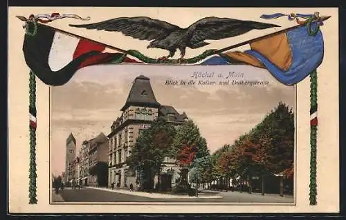 AK Frankfurt-Höchst, Blick in die Kaiser-und Dalbergstrasse, Fahnen, Adler