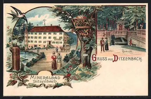 Lithographie Ditzenbach, Mineralbad, Linde, Quelle