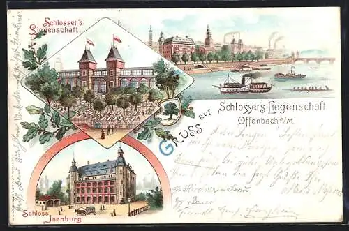 Lithographie Offenbach a. M., Gaststätte Schlossers Liegenschaft, Ortsansicht mit Dampfer, Schloss Isenburg