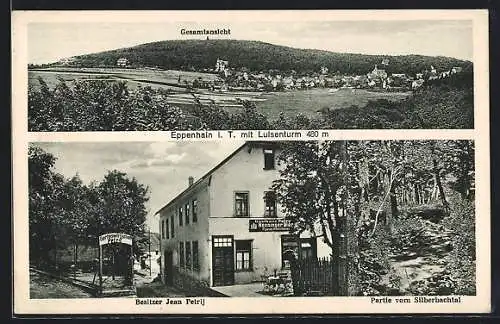 AK Eppenhain, Gasthaus Petry, Partie vom Silberbachtal, Gesamtansicht mit Luisenturm