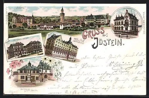 Lithographie Idstein, Rathaus mit Denkmal, Erziehungs-Anstalt, Baugewerkschule