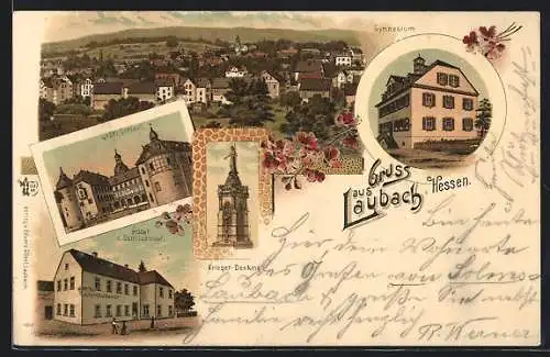 Lithographie Laubach /Hessen, Hotel zum Schützenhof, Krieger-Denkmal, Gymnasium