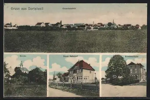 AK Dortelweil, Neuer Bahnhof, Friedenslinde, Gesamtansicht