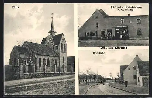 AK Löbnitz / Neugattersleben, Bäckerei und Materialwaren G. Zeising, Kirche, Dorfstrasse
