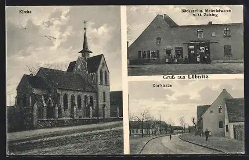 AK Löbnitz / Neugattersleben, Bäckerei und Materialwaren G. Zeising, Kirche, Dorfstrasse