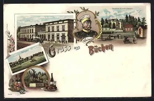 Lithographie Büchen, Bahnhof, Schloss Friedrichsruh, Ortsansicht