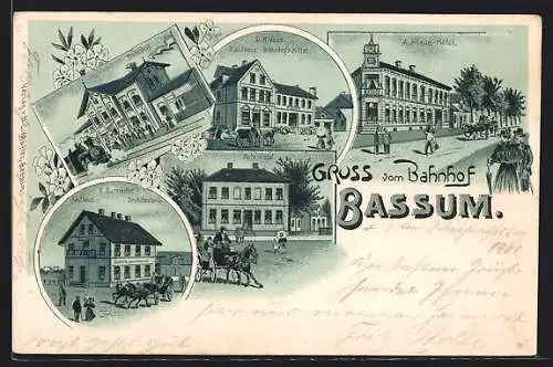 Lithographie Bassum, Kaufhaus und Bahnhofs-Hotel D. H. Voss, A. Pleus-Hotel, Artz-Hotel