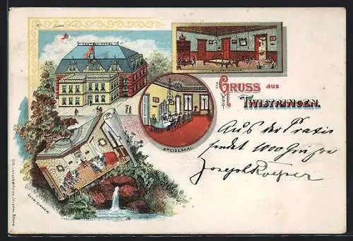 Lithographie Twistringen, Cetnral-Hotel, Innenansichten Billard-Zimmer und Speisesaal