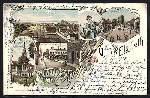 Lithographie Elsfleth, Navigations-Schule, Mühlenstrasse, Denkmal des Herzogs Wilhelm von Braunschweig