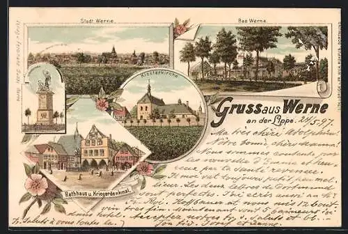 Lithographie Werne / Lippe, Stadt & Bad, Klosterkirche, Rathhaus u. Kriegerdenkmal